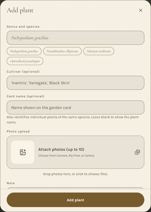 Full actual registration window with scientific name, cultivar, card name, photo selection and save button