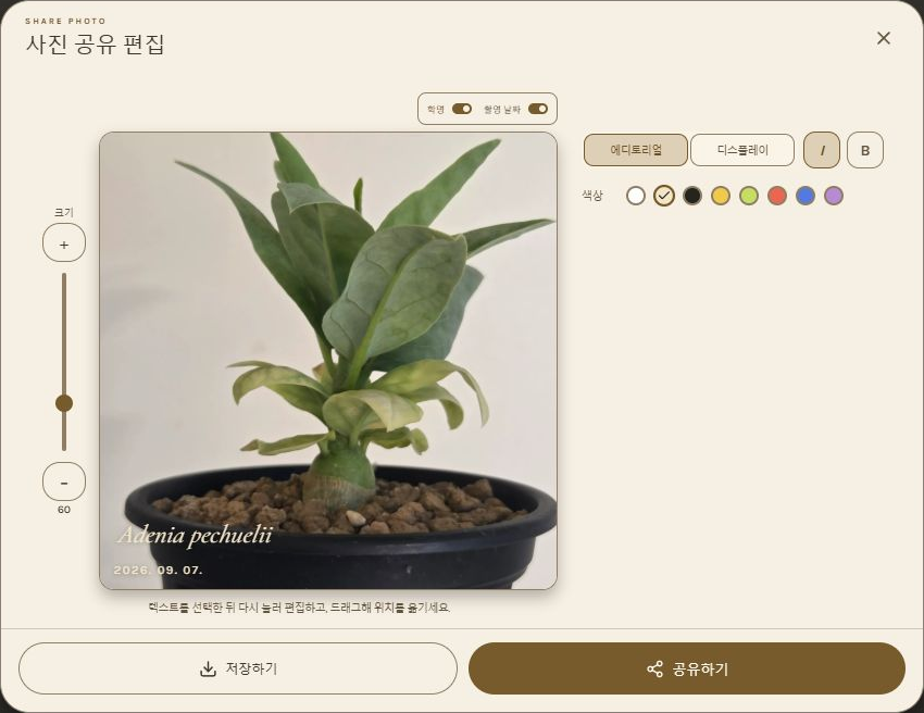 실제 BARCHIVE 사진 공유 편집창: 왼쪽 글자 크기 조절바, 사진 위 학명·날짜 토글, 오른쪽 글꼴·기울임·굵게와 8가지 색상, 아래 저장·공유 버튼